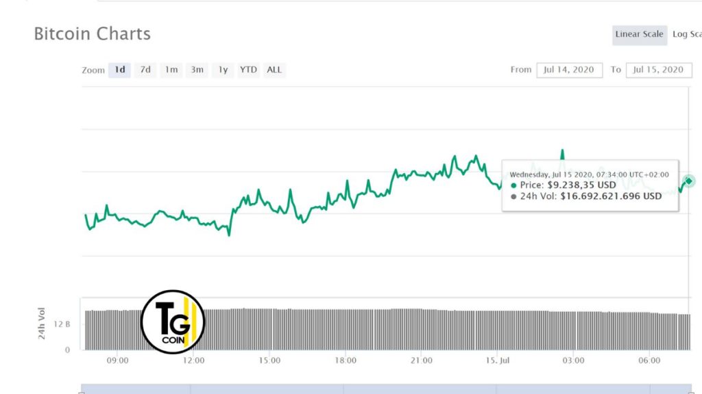  La quotazione bitcoin del grafico di coinmarketcap del  15-07-2020 mostra un valore  $9,238

