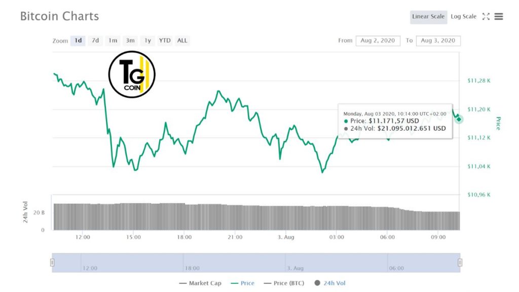 La quotazione Bitcoin del grafico di coinmarketcap del  03-08-2020 mostra un valore $ 11.171,57