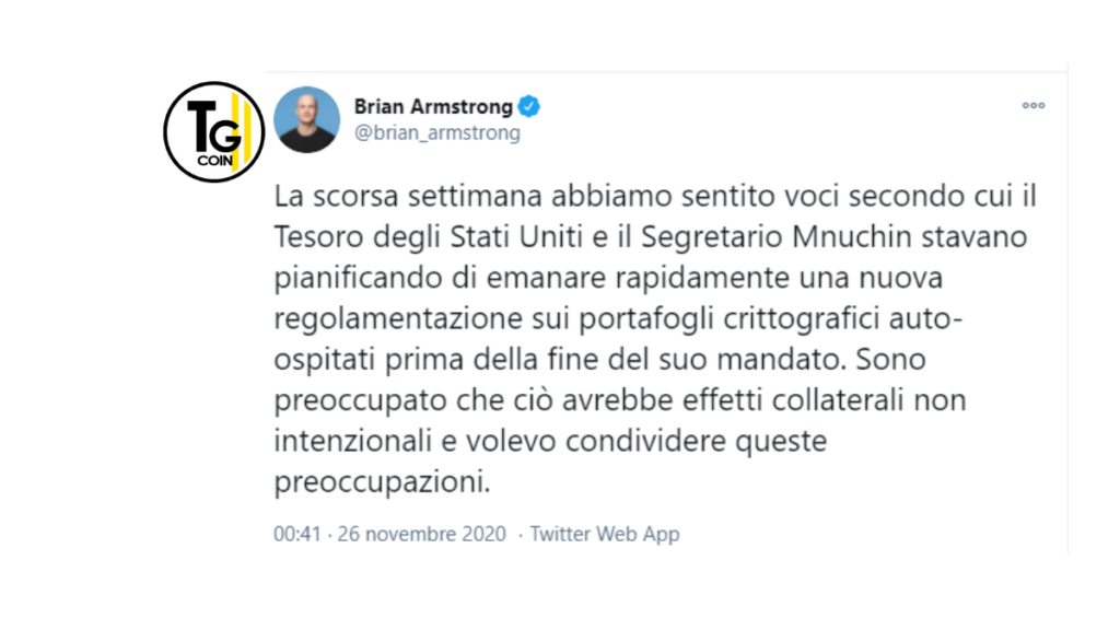 Armstrong ha affidato il suo sfogo a Twitter. Tramite il suo profilo ha spiegato gli eventuali danni che una tale regolamentazione potrebbe portare alle società come Coinbase.