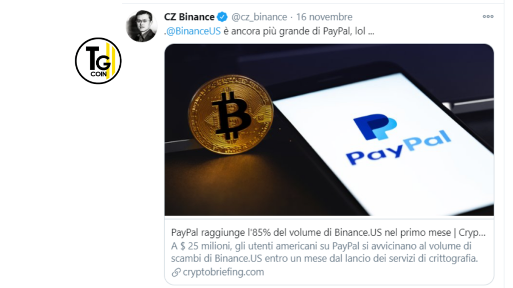 Il CEO di Binance ha annunciato che PayPal è ancora dietro l’exchange negli Stati Uniti. Infatti, Changpeng Zhao “CZ” lo ha annunciato in un tweet. Facendo emergere quel pizzico di soddisfazione: "BinanceUS è ancora più grande di PayPal".