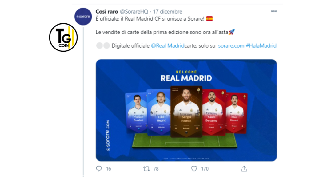 La blockchain Sorare ha annunciato su Twitter la partnership con la squadra di calcio spagnola Real madrid.