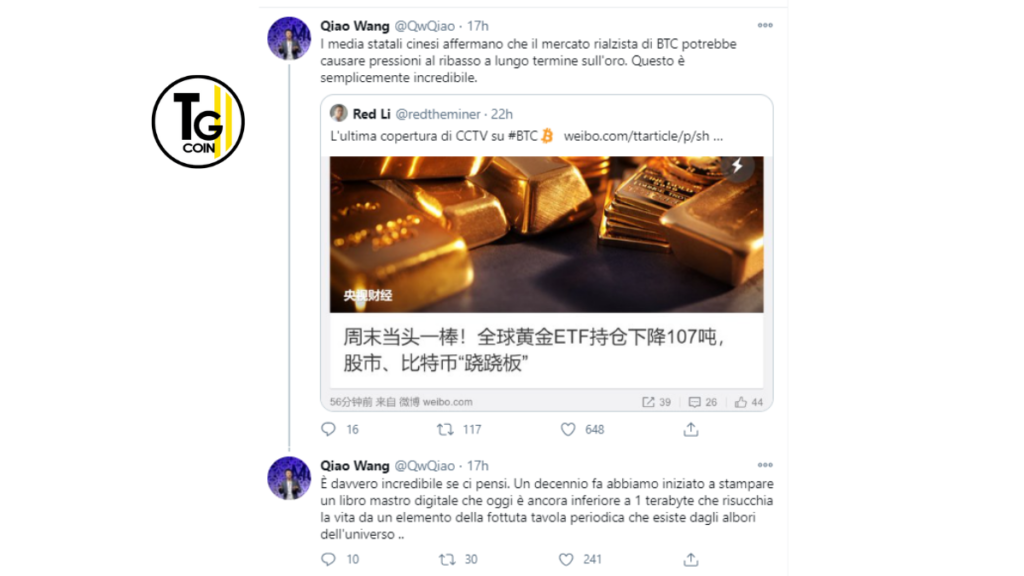 Il tweet del fondatore di 8BTC in merito al rapporto dei media cinesi su Bitcoin e l’oro.