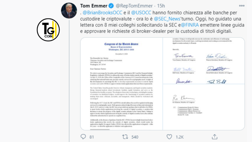 L’ufficio stampa di Tom Emmer ha pubblicato una parte della lettera dei membri del Congresso sulle richieste alla SEC.