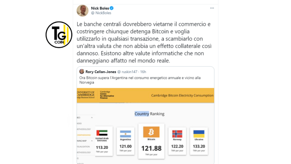 Nick Boles ha ritwittato un post del corrispondente della BBC Rory Cellan-Jones che mostrava che Bitcoin ha superato l'Argentina nel consumo energetico annuale