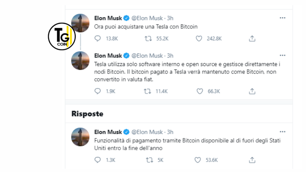 Il celebre imprenditore miliardario annuncia che la sua azienda Tesla ora accetta Bitcoin come pagamento per i suoi veicoli elettrici.